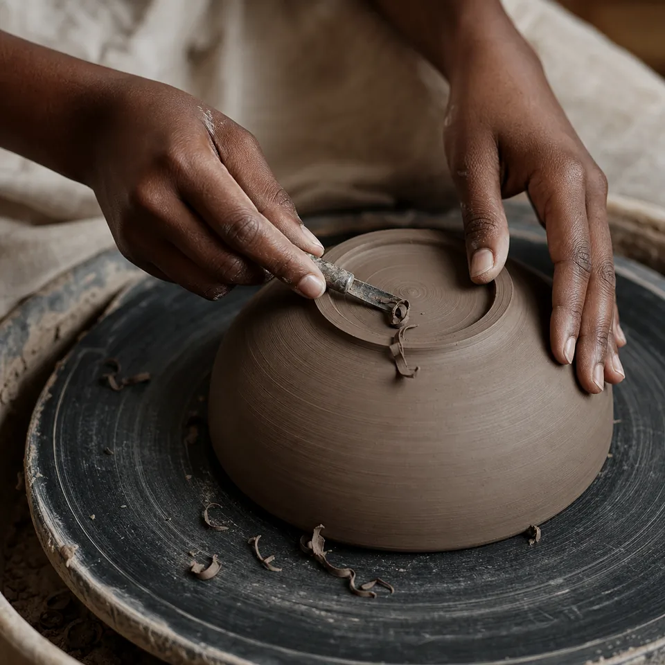 A ceramic artist trimming the foot ring of an upside-down clay bowl on a pottery wheel.